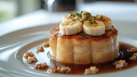 Seared scallops stacked in circular formation with caramelized sauce and garnished with fresh herbs, served on white plate with brown butter sauce and crushed nuts.