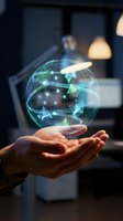 Hands holding a glowing holographic sphere with digital network nodes and geometric shapes, representing futuristic technology and data innovation.