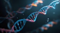 Colorful DNA double helix structure with blue and pink strands against dark background, illustrating genetic science and biotechnology research.