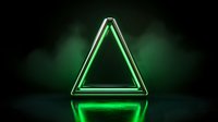 Glowing green neon triangle shape on dark background with reflection, geometric light effect creates modern minimalist composition for technology designs.