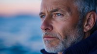 Mature Caucasian man with gray beard gazing thoughtfully at sunset, profile portrait against blurred ocean background showing wisdom and contemplation.