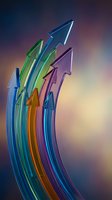 Colorful glass arrows curving upward in dynamic motion representing growth, success and progress on gradient background for business presentations.