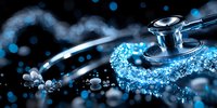 Medical stethoscope on dark background with blue glowing particles and bokeh effects, modern healthcare concept and diagnostics technology.