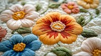 Colorful embroidered flowers with golden centers and green leaves on cream fabric, featuring red, blue, and pink blooms. Handmade textile art for home decor and craft projects.