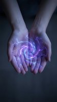 Hands holding glowing purple and blue energy orb with swirling lightning effects, representing magic, power, and supernatural abilities for fantasy, sci-fi, and mystical design projects.