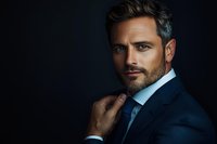 Confident businessman in navy suit and blue tie poses against dark background with dramatic lighting, expressing leadership and success in corporate portrait.