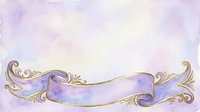 Ornate purple and gold ribbon banner with decorative flourishes on watercolor background, suitable for invitations, certificates, and design projects.