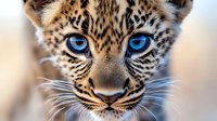 Young leopard cub with striking blue eyes and spotted fur pattern against soft blurred background. Wildlife photography showcasing natural beauty and innocence.