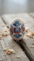 Hand-painted Easter egg with traditional folk art floral pattern in blue and red colors on rustic wooden background for spring holiday celebrations.