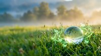 Crystal sphere resting on green grass field at sunrise with golden sunlight and morning mist creating magical atmospheric scene for meditation and nature concepts.