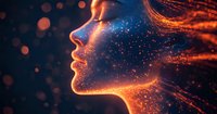 Glowing female profile silhouette with sparkles and particles in orange and blue colors against dark background, hair flowing with magical light effect.