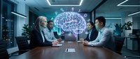 Diverse business professionals in modern conference room discussing artificial intelligence technology with glowing neural network hologram projection during corporate meeting.