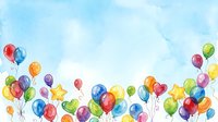 Colorful balloons and stars floating against a light blue watercolor sky, ideal for celebrations, parties, and festive event designs.
