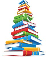 Stack of colorful books arranged in spiral tower formation on white isolated background, featuring blue, red, green and yellow hardcover volumes.