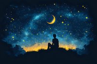 Silhouette of person sitting on hill under starry night sky with crescent moon and glowing stars, dreamy cosmic atmosphere against dark blue galaxy background.