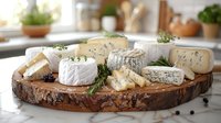 Gourmet cheese board with assorted artisanal cheeses on rustic wooden platter, garnished with fresh herbs and peppercorns in bright kitchen setting.