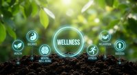 Wellness concept with glowing icons on natural green background showing health, fitness, mental wellbeing and relaxation symbols in soil and sunlight.