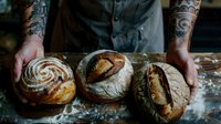 Fresh artisanal sourdough bread loaves with rustic scoring patterns displayed by baker with tattooed arms on wooden surface dusted with flour in dark moody setting.