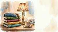 Stacked vintage books with brass table lamp, coffee mug and reading glasses on wooden desk in cozy library setting for education and literature themes.