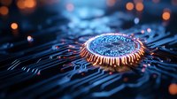 Glowing microprocessor core with orange and blue illumination on circuit board background, futuristic technology concept with bokeh light effects.