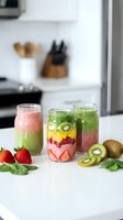 Colorful layered smoothies in mason jars with fresh fruits on white kitchen counter. Healthy breakfast drinks with strawberries, kiwi and spinach for wellness.