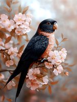 Black and orange parrot perched among delicate pink cherry blossoms against soft blurred background, creating serene spring nature composition.