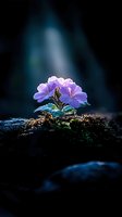 Delicate purple flowers blooming in dark soil illuminated by mystical ray of light, creating dramatic natural contrast against deep blue background.
