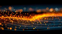 Abstract digital wave with golden bokeh lights and flowing particles on dark blue background for technology presentations and modern design projects.