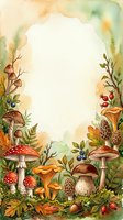 Watercolor forest frame with mushrooms, toadstools, berries, and foliage on isolated white background. Perfect for invitations, cards, and design projects.