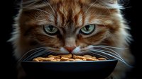 Ginger cat with intense blue eyes staring at food bowl against dark background, dramatic lighting highlights facial features and whiskers in close-up portrait.