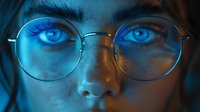 Close up portrait of young Asian woman wearing round glasses illuminated by dramatic blue neon lighting, focusing on intense eyes and eyewear against dark background.