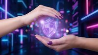 Hands holding glowing shield icon with neon purple and blue digital background, representing cybersecurity, data protection, and network safety for technology and business concepts.