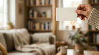 Close-up of hand holding blank white card in cozy living room with bookshelf, armchair and natural light for home decor, interior design and lifestyle messaging.