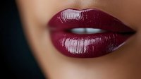 Close-up of woman's lips wearing glossy burgundy lipstick with rich wine color finish for beauty and cosmetics advertising campaigns.