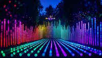 Vibrant rainbow audio equalizer bars create futuristic perspective path with glowing neon lights against dark background, music visualization concept for party and events.