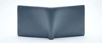Navy blue leather bifold wallet open and empty, isolated on white background, showcasing minimalist design for fashion and accessories concepts.