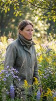Mature Caucasian woman in olive jacket standing among wildflowers and goldenrod in a sunlit garden, thoughtful expression, nature background.