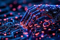 Futuristic robotic hand with glowing red and blue elements touching digital circuit board, representing artificial intelligence and advanced technology.