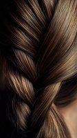 Close-up of glossy brown hair styled in a classic French braid showing detailed texture and highlights, suitable for hair care and beauty advertising.