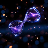 Glowing hourglass with magical sparkles floating in dark space, illuminated by blue and purple light against blurred bokeh background. Concept of time and infinity.