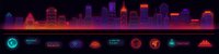 Neon glowing cityscape skyline with illuminated buildings in purple, pink, and red tones against dark background. Urban night scene with neon lights.