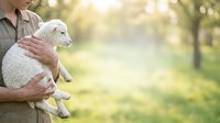 Farmer holding young white lamb in arms outdoors in sunny orchard setting, agricultural livestock care and animal husbandry concept.