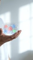 Hand holding glowing holographic network with colorful warning alert icons and digital connections for cybersecurity, risk management, and technology solutions.