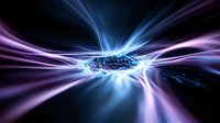 Abstract digital tunnel with glowing blue and purple light streaks radiating from bright central core creating futuristic wormhole effect on dark background.