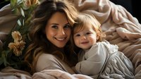 Young Caucasian mother and toddler daughter lying on bed with beige bedding and flowers, sharing tender moment together in natural morning light.