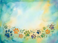 Watercolor background with colorful paw prints and decorative foliage border, ideal for pet-related designs, greeting cards, and animal-themed projects.