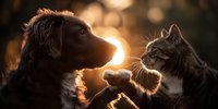 Dog and cat face to face at sunset, silhouetted against golden light, creating heartwarming pet friendship moment.