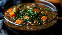 Hearty lentil soup with carrots and fresh herbs in rustic bowl, perfect for healthy meal planning and comfort food photography.