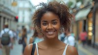 Young African American woman with natural curly hair and bright smile on urban street with soft bokeh background, expressing joy and confidence in casual attire.