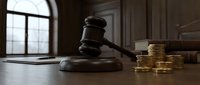 Wooden judge gavel with golden coins on courtroom desk representing legal fees, financial litigation, bankruptcy proceedings, and monetary justice concepts.